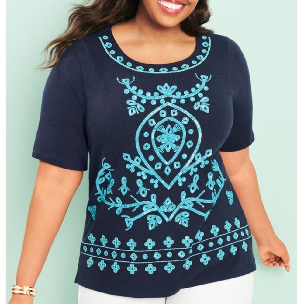 Talbots Beaded embroidered sequin blue tunic boho top 2X Cotton Resort Preppy - Picture 4 of 16